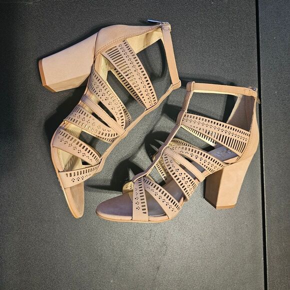 Vince Camuto Strappy Tan Block Heel Sandals - Picture 2 of 8